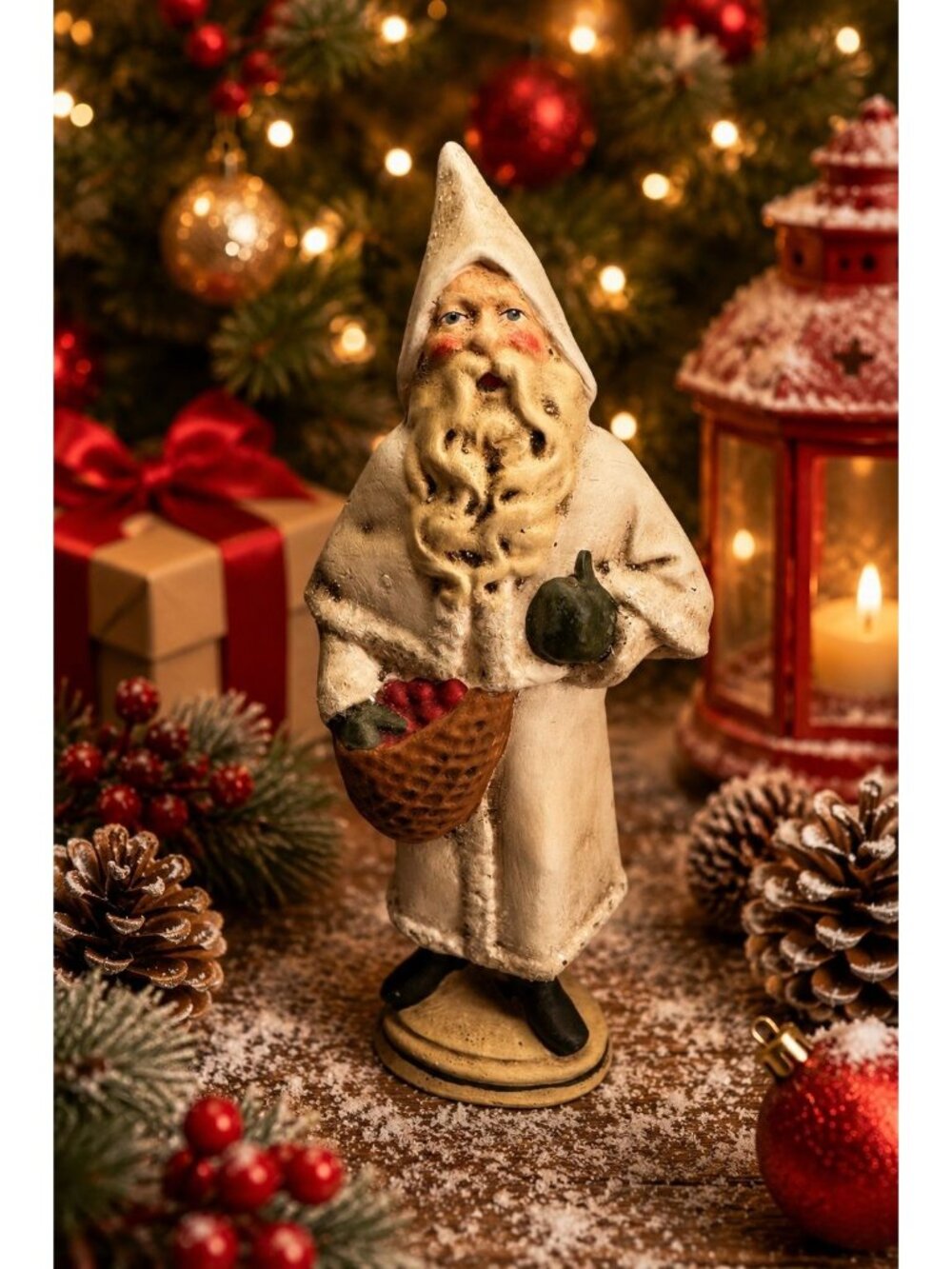 Vintage Walnut Ridge Collectibles Santa Figurine White Robe Basket 1996 9.5"